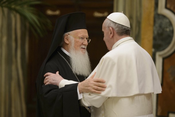 Pope Francis embraces Ecumenical Patriarch Bartholomew of Constantinople at Vatican
