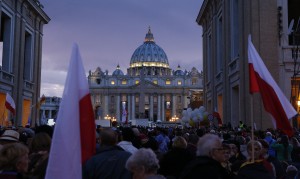 Pilgrims wait on Via della Conciliazione outside St. Peter's Square at Vatican