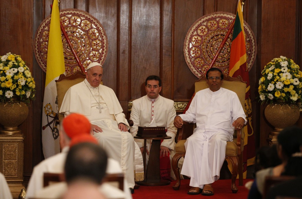 Pope Francis and Sri Lankan President Maithripala Sirisena visit in a presidential office in Colombo