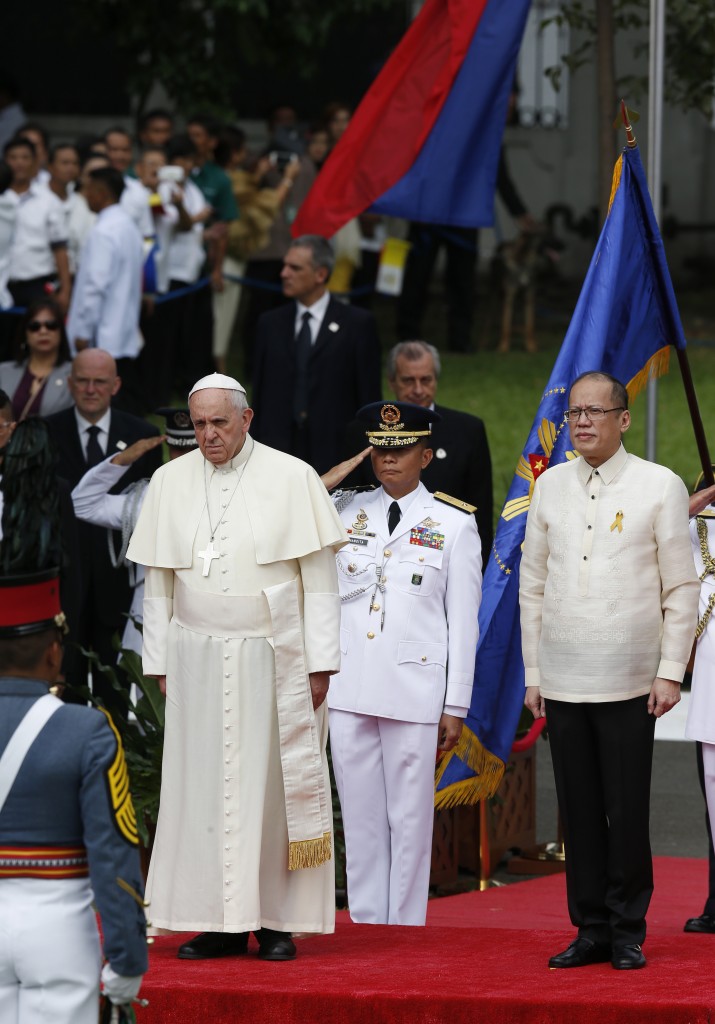 Pope Francis during welcoming ceremony at presidential palace in Manila, Philippines