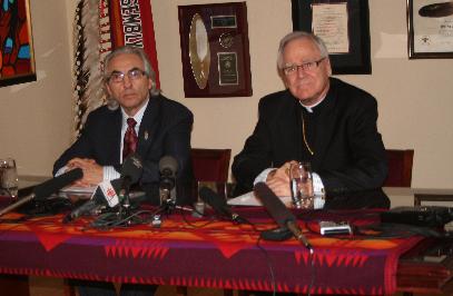 National Chief Phil Fontaine and Archbishop James Weisgerber at an April 15th press conference in Ottawa.