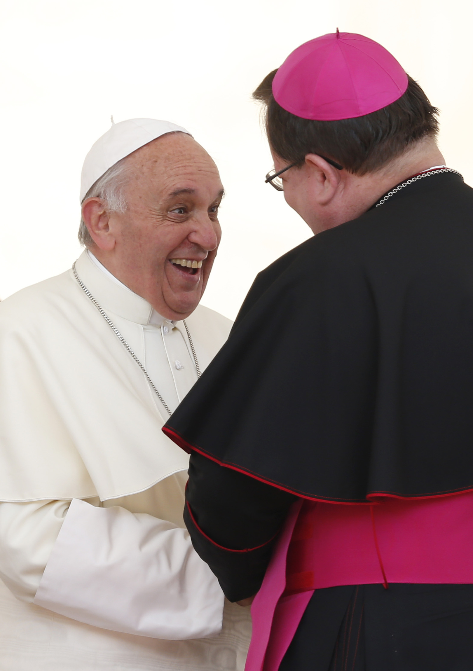 Pope greets Archbishop Lacroix during general audience in St. Peter's Square at Vatican
