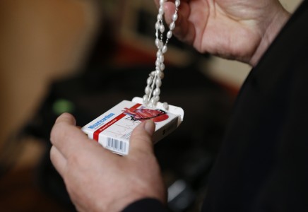 Box containing rosary, Divine Mercy holy card and medicinal-style instruction sheet pictured at Vatican