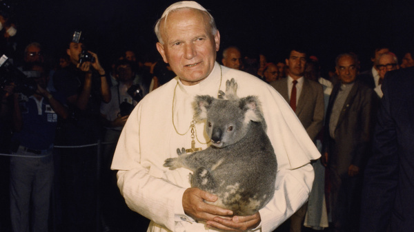 POPE JOHN PAUL II HOLDS KOALA DURING 1986 VISIT TO AUSTRALIA