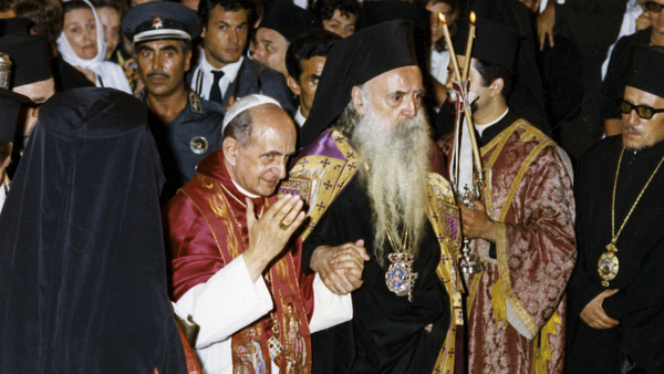 Pope Paul VI and Ecumenical Patriarch Athenagoras attend prayer service in Jerusalem in January 1964