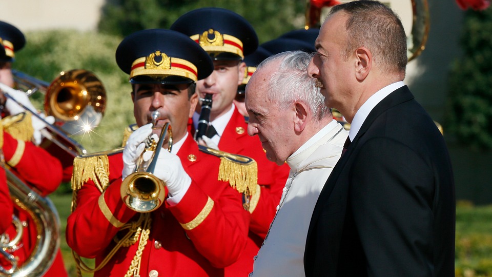 Pope Francis attends a welcoming ceremony with Azerbaijani President Ilham Aliyev in the square of the presidential palace in Genclik, Azerbaijan, Oct. 2. (CNS photo/Paul Haring) See POPE-AZERBAIJAN-OFFICIALS Oct. 2, 2016.