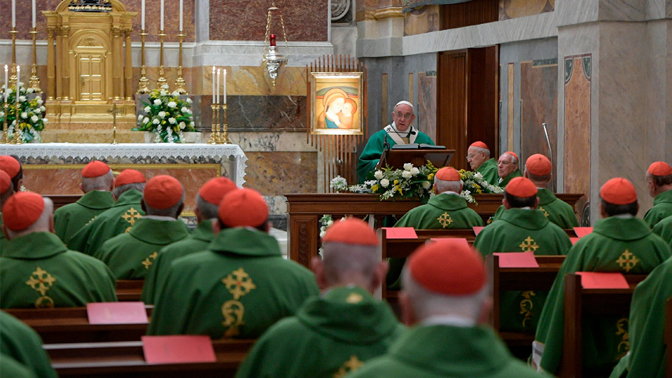 Pope Francis speaks as he celebrates Mass with about 50 cardinals in the Pauline Chapel of the Apostolic Palace at the Vatican June 27. The Mass marked the pope's 25th anniversary of his ordination as a bishop. 