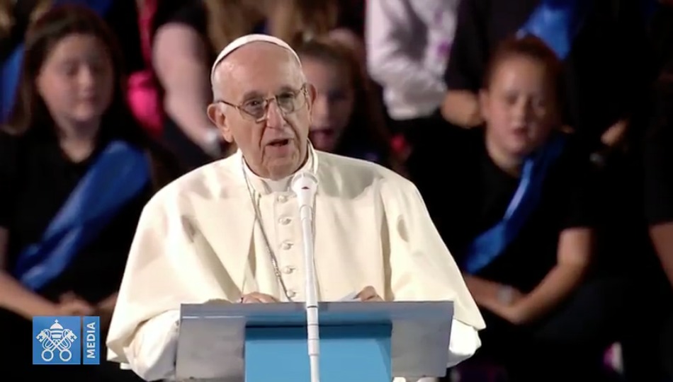 Pope Francis speaks to the crowd at the Festival of Families in Croke Park, Dublin, Ireland