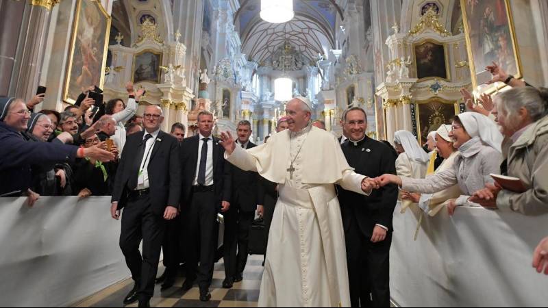 Pope Francis greets women religious during his visit to Kaunas Cathedral Basilica
