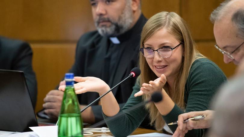 Italian synod observer Federica Ancona speaks during small group discussion at the Synod of Bishops on young people, the faith and vocational discernment at the Vatican Oct. 19. (CNS photo/Vatican Media)