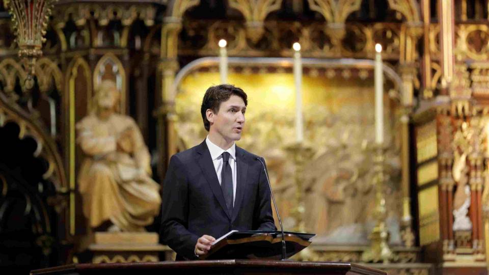 Canadian Prime Minister Justin Trudeau addresses the congregation in Montreal‘s Notre-Dame Basilica in 2017 (CNS photo/Dario Ayala, Reuters)