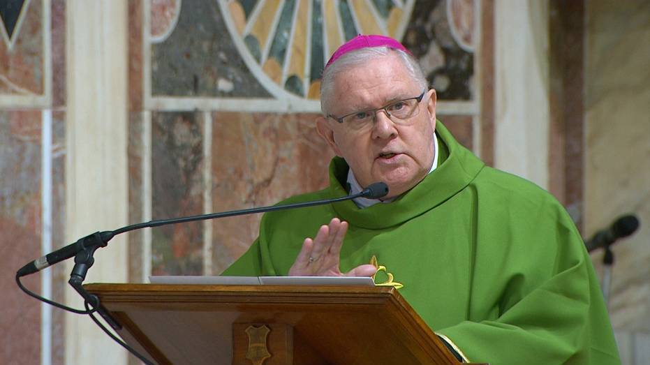 Archbishop Mark Coleridge of Brisbane, president of the Australian bishops' conference, gives the homily during a Mass on the last day of the four-day meeting on the protection of minors in the church, at the Vatican Feb. 24, 2019, in this image taken from Vatican television. (CNS photo/Vatican television)