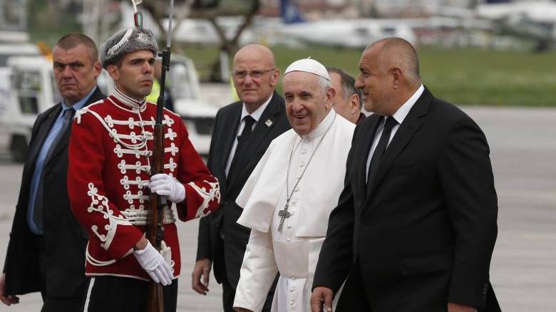 Pope Francis walks with Bulgarian Prime Minister Boyko Borissov as he arrives at the airport in Sofia, Bulgaria, May 5, 2019. (CNS photo/Paul Haring)
