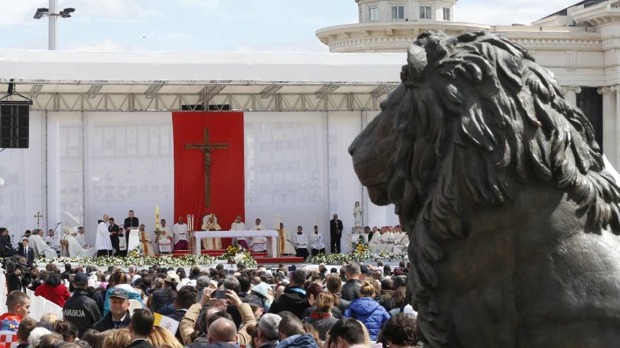 A sculpture of a lion is seen in Macedonia Square as Pope Francis celebrates Mass in Skopje, North Macedonia, May 7, 2019. (CNS photo/Paul Haring) 