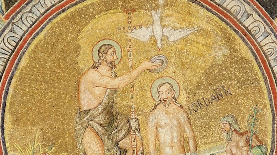 Mosaic of St. John baptising Jesus in the Jordan, a dove above Jesus facing downward.