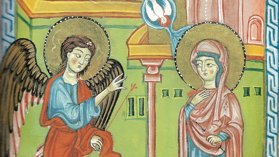 Brightly-coloured icon of the Angel Gabriel appearing to Mary, a dove representing the Holy Spirit above her.