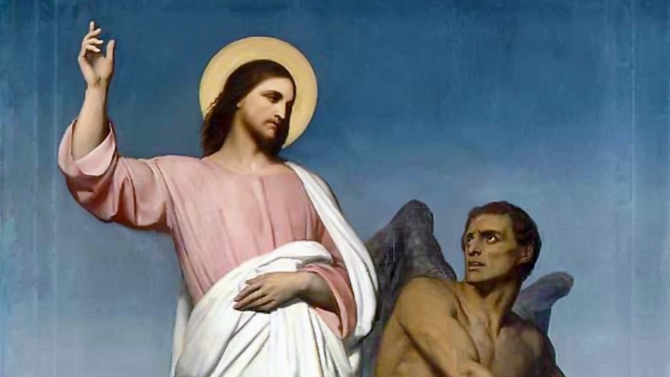 Painting of Jesus standing with arm raised, devil crouching next to him.