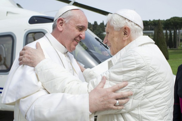 Pope Francis embraces emeritus Pope Benedict XVI at papal summer residence in Castel Gandolfo