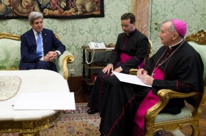 Cardinal-designate Pietro Parolin, Vatican secretary of state, meets with U.S. counterpoint, John Kerry, at Vatican