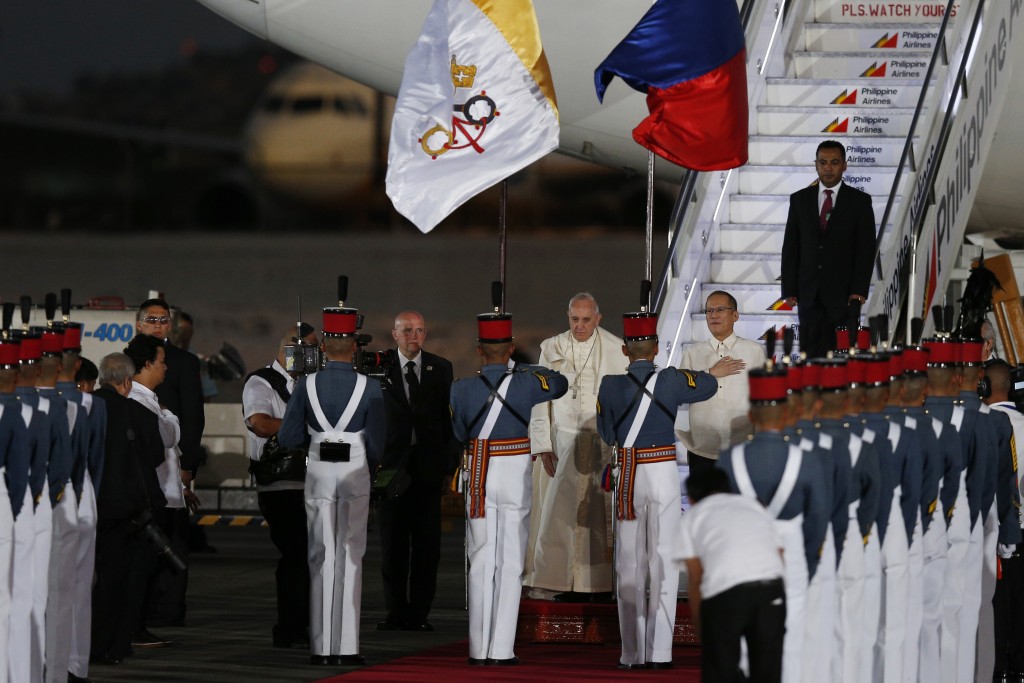 Pope Francis arrives at Villamor Air Base in Manila, Philippines
